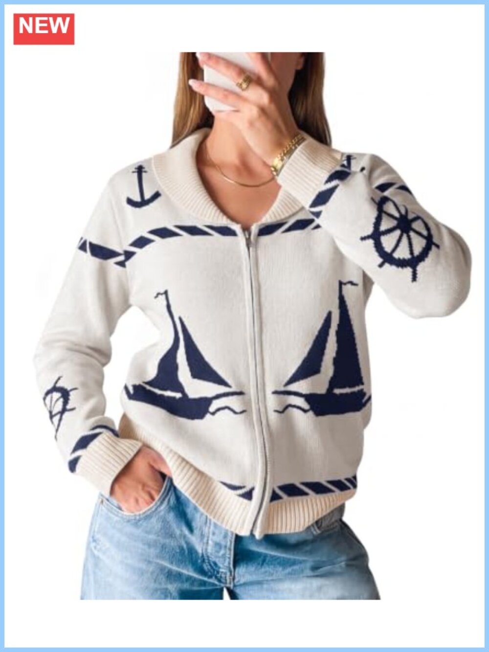 Saodimallsu Zip Up Collared Cardigan Sweater Jacket Nautical Knit Size